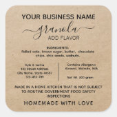 Rustic Granola Hütte Law Lebensmitteletikett Quadratischer Aufkleber (Vorderseite)