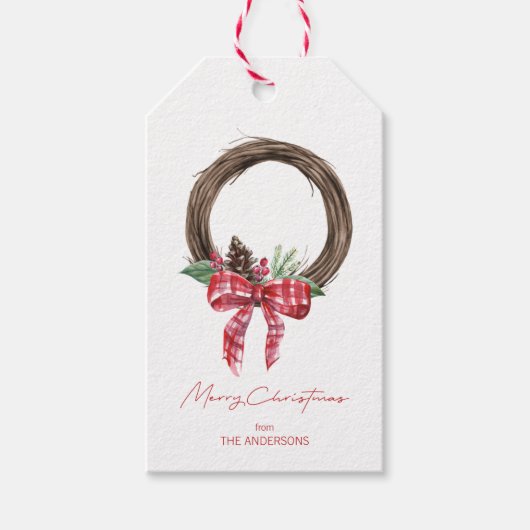 Rustic Grapevine Wreath Frohe Weihnachten Geschenkanhänger (Vorderseite)