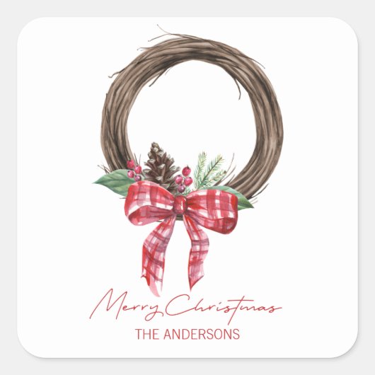 Rustic Grapevine Wreath Frohe Weihnachten Quadratischer Aufkleber (Vorderseite)