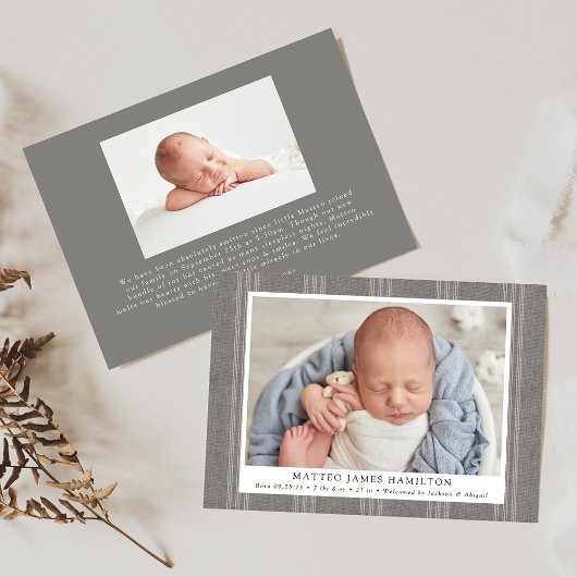Rustic Gray Farmhouse Linen Stripes Photo Birth Ankündigung