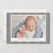 Rustic Gray Farmhouse Linen Stripes Photo Birth Ankündigung (Vorderseite)