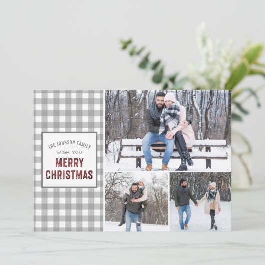 Rustic Gray Gingham Frohe Weihnachten (Stehend Vorderseite)