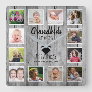 Rustic Gray Wood 12 Photo Collage Grandkids Quote Quadratische Wanduhr