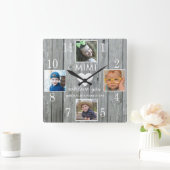 Rustic Gray Wood Love You Mimi Grandkids 4 Photo Quadratische Wanduhr (Zuhause)