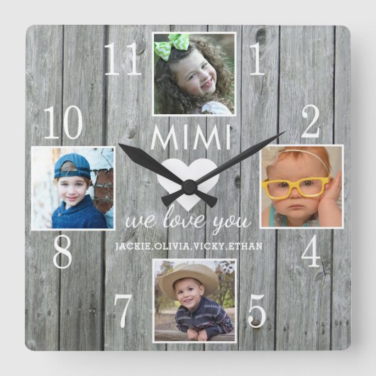 Rustic Gray Wood Love You Mimi Grandkids 4 Photo Quadratische Wanduhr (Vorderseite)