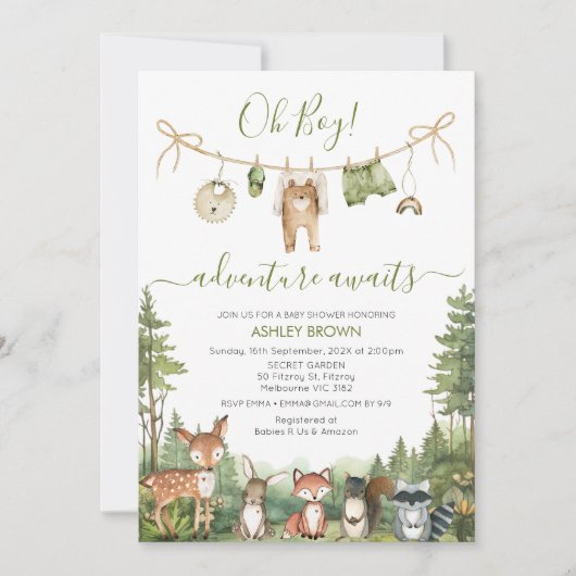 Rustic Green Adventure Awaits Baby Shower Einladung (Vorderseite)