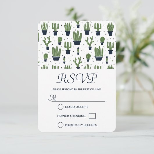 Rustic Green Cactus Muster Wedding RSVP (Stehend Vorderseite)
