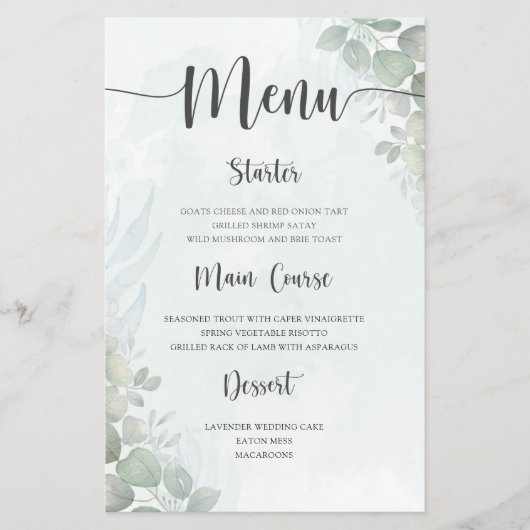 Rustic Green Eucalyptus Wedding Menu (Vorderseite)