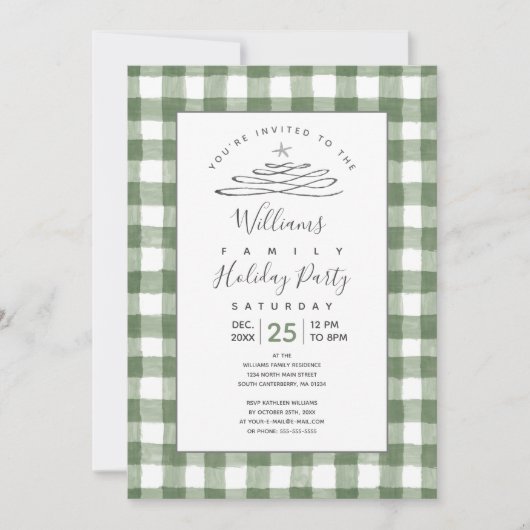 Rustic Green Gingham Holiday Einladung (Vorderseite)