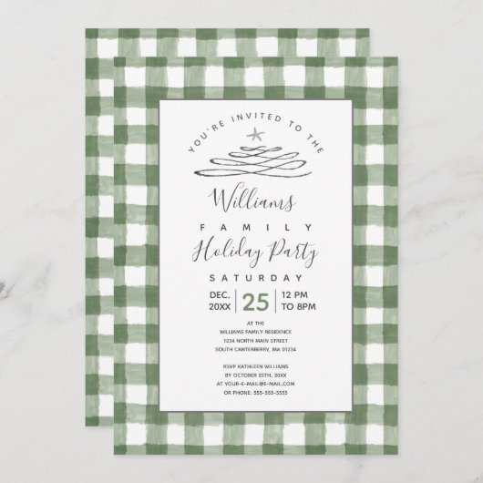 Rustic Green Gingham Holiday Einladung (Vorne/Hinten)