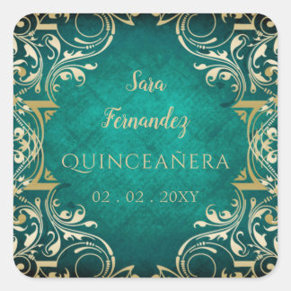 Rustic Green Gold Elegante Quinceanera Quadratischer Aufkleber