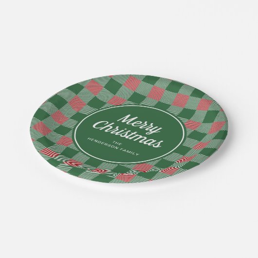Rustic Green Kariert Frohe Weihnachten Pappteller (Schrägansicht)