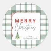 Rustic Green Kariert Frohe Weihnachtsaufkleber Runder Aufkleber (Vorderseite)