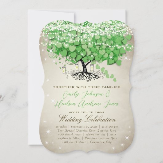 Rustic Green Mason Jar Heart Leaf Tree Wedding Einladung (Vorderseite)