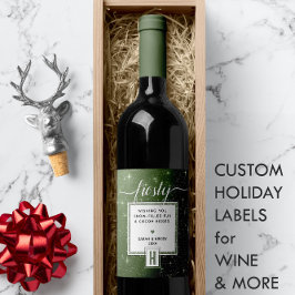 Rustic Green Monogram FROSTY ❄️ Snowy Vibe Weinetikett