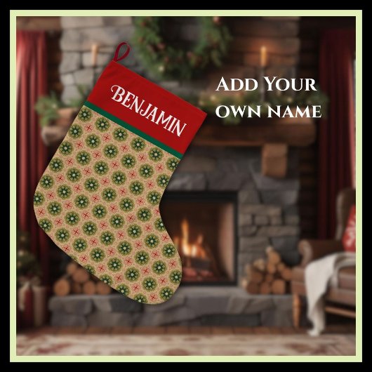 Rustic Green Pine Needles and Red Lace Großer Weihnachtsstrumpf