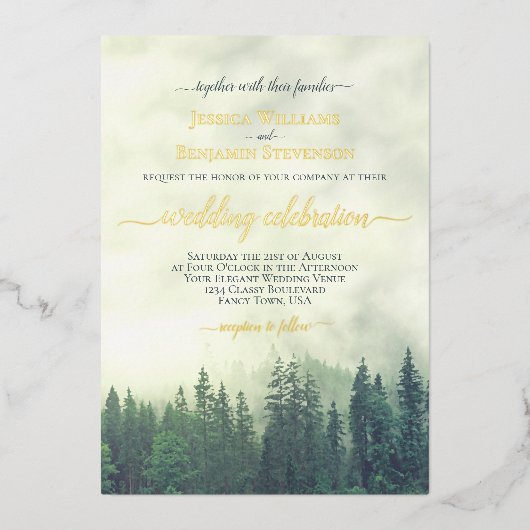 Rustic Green Pine Trees Elegant Wedding Folieneinladung (Vorderseite)