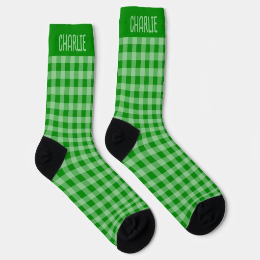 Rustic Green Plaid Custom Name on Gingham Pattern Socken (Rechts)