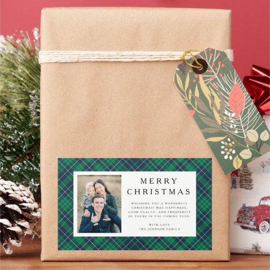 Rustic Green Plaid Photo Christmas Rechteckiger Aufkleber (Feiertag)