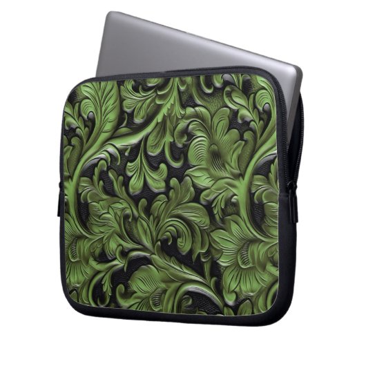 Rustic green tooled leather laptopschutzhülle (Vorderseite Links)