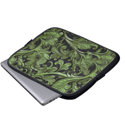 Rustic green tooled leather laptopschutzhülle (Vorne Knopf)