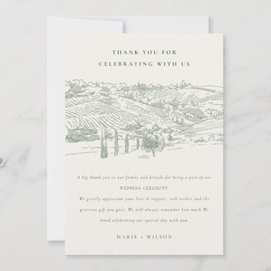 Rustic Green Winery Mountain Sketch Wedding Dankeskarte (Vorderseite)