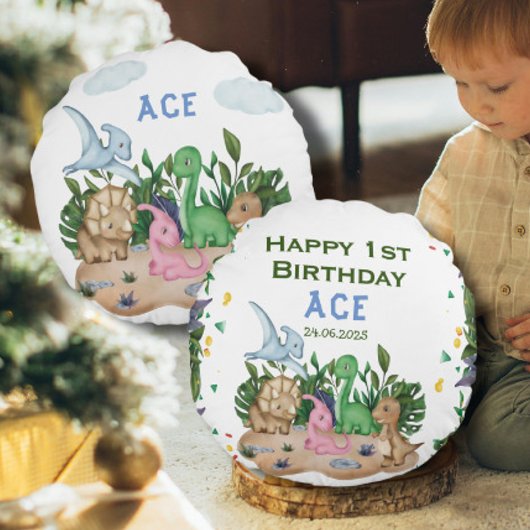 Rustic Greenery Baby Dinosaurs Wild One Birthday Rundes Kissen