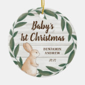 Rustic Greenery Bunny Baby's First Christmas Foto Keramik Ornament (Vorne)