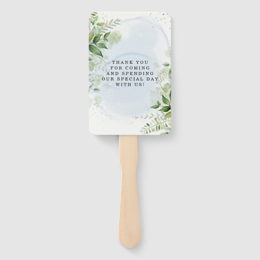 Rustic Greenery Dusty Blue Wedding Danke Hand Fächer (Rückseite)