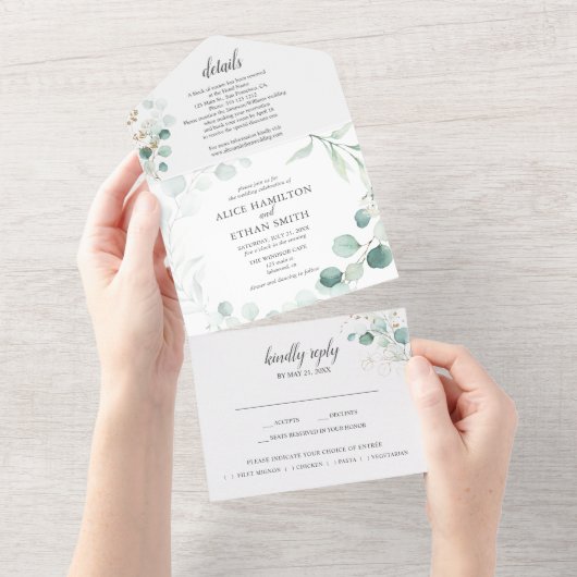 Rustic Greenery Eucalyptus Summer Wedding All In One Einladung (Abreißen)