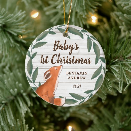 Rustic Greenery Fox Baby's First Christmas Foto Keramik Ornament (Baum)