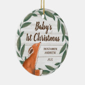 Rustic Greenery Fox Baby's First Christmas Foto Keramik Ornament (Rechts)