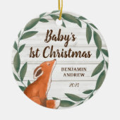 Rustic Greenery Fox Baby's First Christmas Foto Keramik Ornament (Vorne)