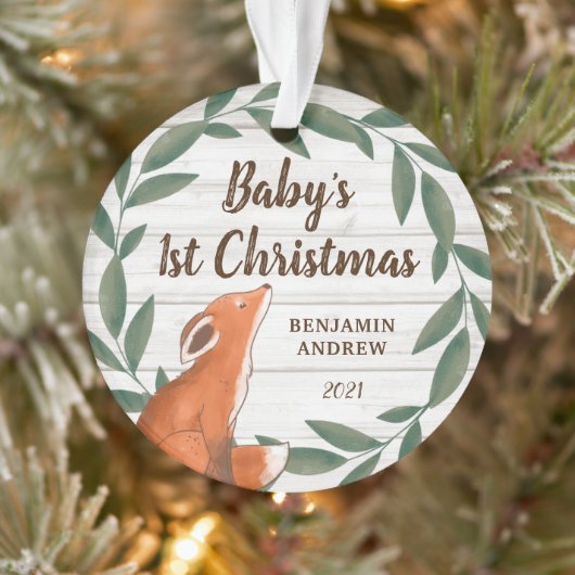 Rustic Greenery Fox Baby's First Christmas Foto Ornament (Baum)