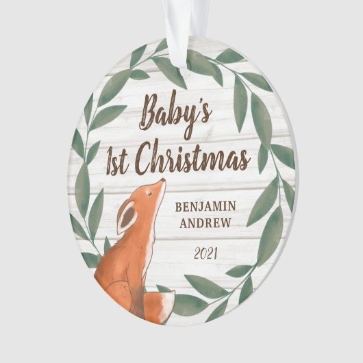 Rustic Greenery Fox Baby's First Christmas Foto Ornament (Vorderseite)