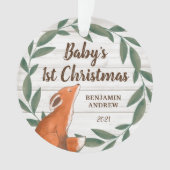 Rustic Greenery Fox Baby's First Christmas Foto Ornament (Vorderseite)