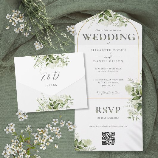 Rustic Greenery Gold Arch QR Code Wedding All In One Einladung