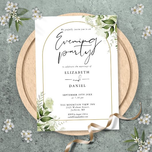 Rustic Greenery Gold Arch Wedding Abend Party Einladung