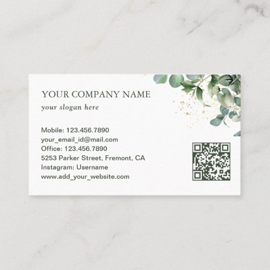 Rustic Greenery Gold Eucalyptus QR Code Visitenkarte (Rückseite)
