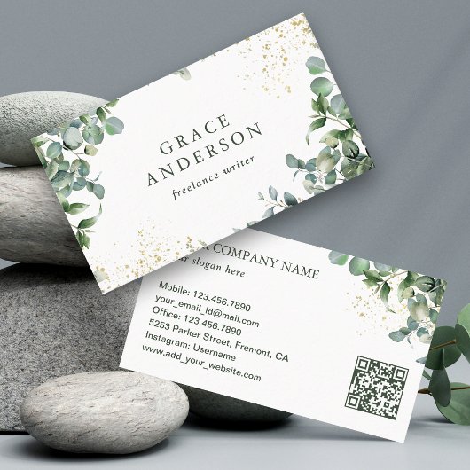Rustic Greenery Gold Eucalyptus QR Code Visitenkarte