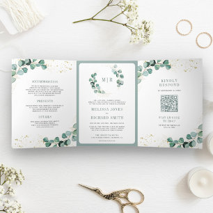 Rustic Greenery Gold Eucalyptus QR Code Wedding Dreifach Gefaltete Einladung