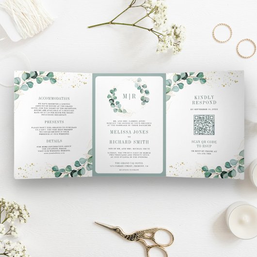 Rustic Greenery Gold Eucalyptus QR Code Wedding Dreifach Gefaltete Einladung