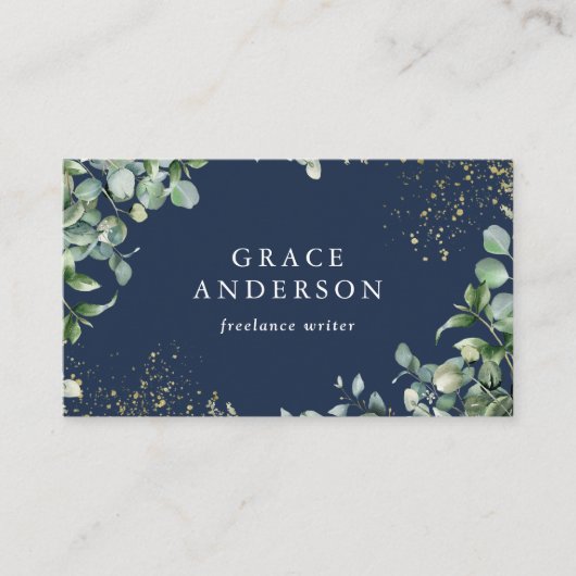Rustic Greenery Gold Navy Blue Eucalyptus QR Code Visitenkarte (Vorderseite)