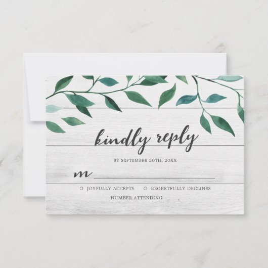 Rustic Greenery Kindly Reply RSVP Karte (Vorderseite)