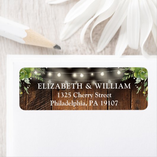 Rustic Greenery Lights Wedding Return Address (Insitu)