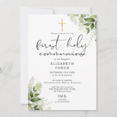 Rustic Greenery Monogram First Holy Communion Einladung (Vorderseite)
