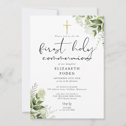 Rustic Greenery Monogram First Holy Communion Einladung (Vorderseite)