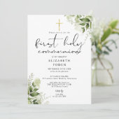 Rustic Greenery Monogram First Holy Communion Einladung (Stehend Vorderseite)