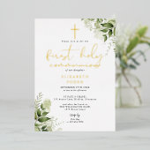 Rustic Greenery Monogram First Holy Communion Folieneinladung (Stehend vorne)