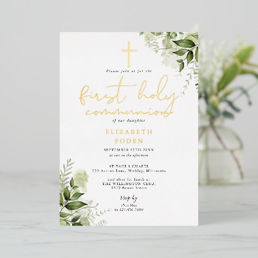 Rustic Greenery Monogram First Holy Communion Folieneinladung (Stehend vorne)